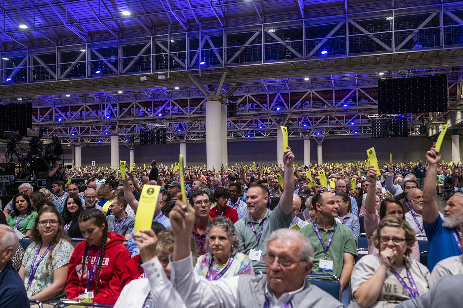 Messengers vote during the first day of the Southern Baptist Convention annual meeting at the Ernest N. Morial Convention Center in New Orleans, La., on June 13, 2023. RNS photo by Emily Kask