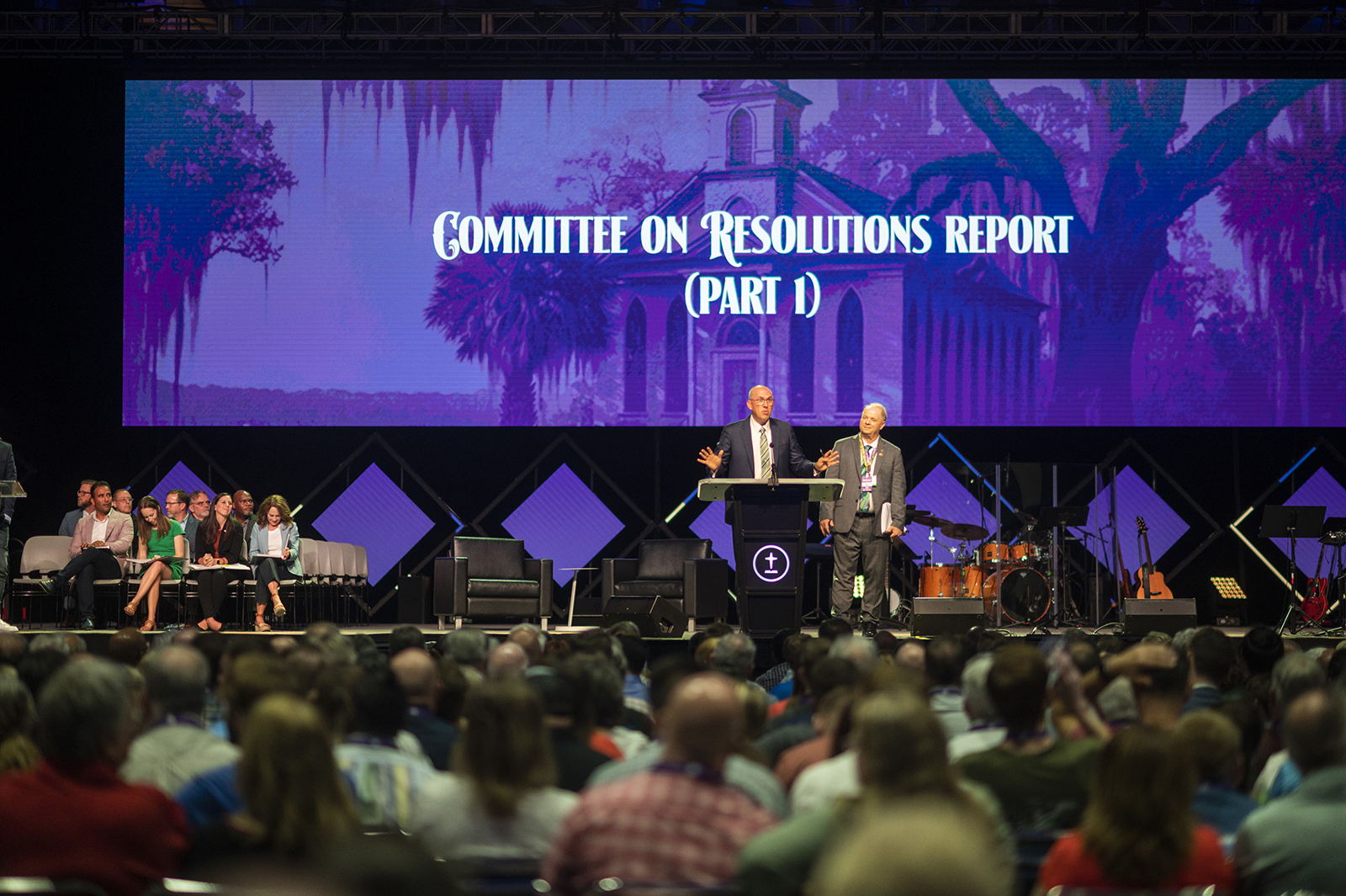 Southern Baptist Convention president Bart Barber speaks during the first day of the SBC annual meeting at the Ernest N. Morial Convention Center in New Orleans, Tuesday, June 13, 2023. RNS photo by Emily Kask