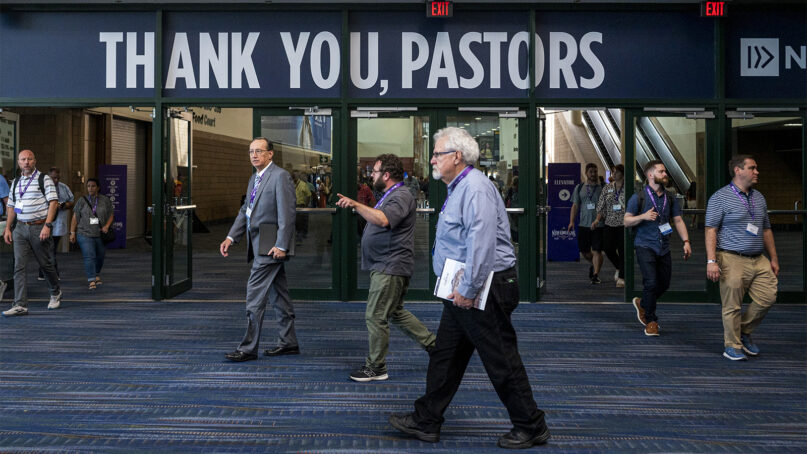 Attendees pass through the Ernest N. Morial Convention Center during the Southern Baptist Convention annual meeting in New Orleans, June 14, 2023. RNS photo by Emily Kask
