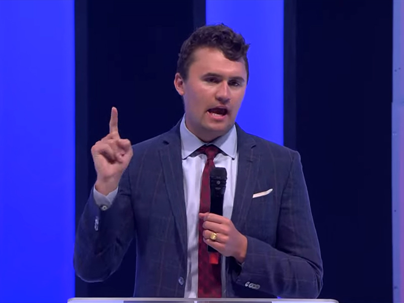 Charlie Kirk speaks at a Turning Point USA Faith “Freedom Night in America" event at Dream City Church in Phoenix, Arizona, in May 2023. Video screen grab