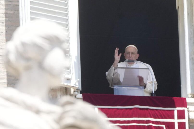 Pope Francis delivers the Angelus noon prayer in St. Peter's Square at the Vatican, Sunday, July 9, 2023. (AP Photo/Gregorio Borgia)