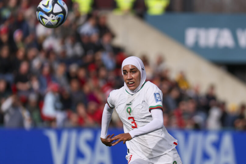Morocco's Nouhaila Benzina runs after the ball during the Women's World Cup Group H soccer match between South Korea and Morocco in Adelaide, Australia, Sunday, July 30, 2023. (AP Photo/James Elsby)