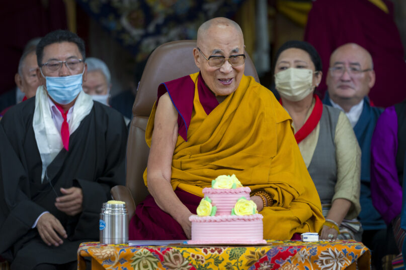 Tibetan spiritual leader the Dalai Lama smiles as he presides over a function marking his 88th birthday at the Tsuglakhang temple in Dharamshala, India, Thursday, July 6, 2023. (AP Photo/Ashwini Bhatia)