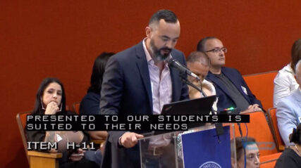 Alex Serrano, head of CDF's Miami-Dade County chapter, speaks against a sex-education textbook at a school board meeting last July. Video screen grab from the School Board of Miami-Dade