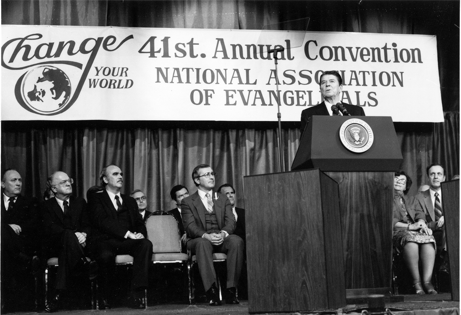President Ronald Reagan addresses the Annual Convention of the National Association of Evangelicals on March 8, 1983, in Orlando, Florida. NAE President Arthur Gay is seated left of Reagan, with glasses. Courtesy photo