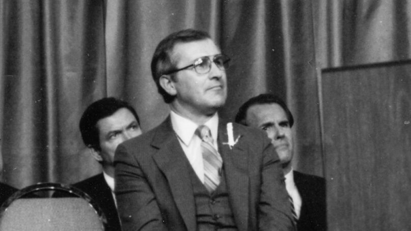 National Association of Evangelicals President Arthur Gay listens to President Ronald Reagan on March 8, 1983, in Orlando, Florida. Courtesy photo