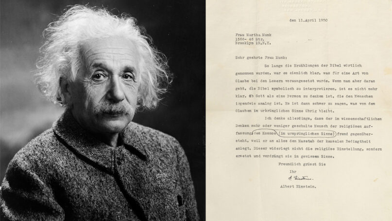 Albert Einstein, in 1947, with a letter he wrote in 1950.  Einstein photo courtesy Creative Commons; letter courtesy Raab Collection