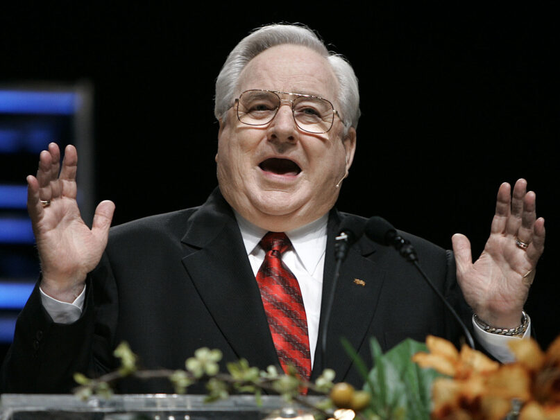 FILE - In this June 20, 2005, file photo, the Rev. Jerry Falwell speaks at the SBC Pastors' Conference in Nashville, Tenn. (AP Photo/Mark Humphrey, File)