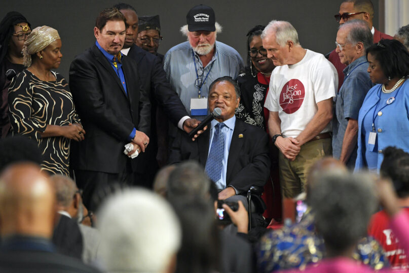 The Rev. Jesse Jackson announces that he is stepping down as the president of Rainbow PUSH Coalition, Saturday, July 15, 2023, in Chicago. (AP Photo/Paul Beaty)
