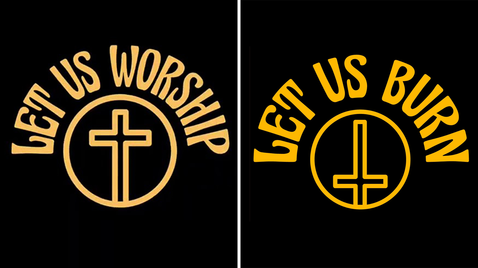 Logos for Let Us Worship, left, and Let Us Burn, right. Courtesy images