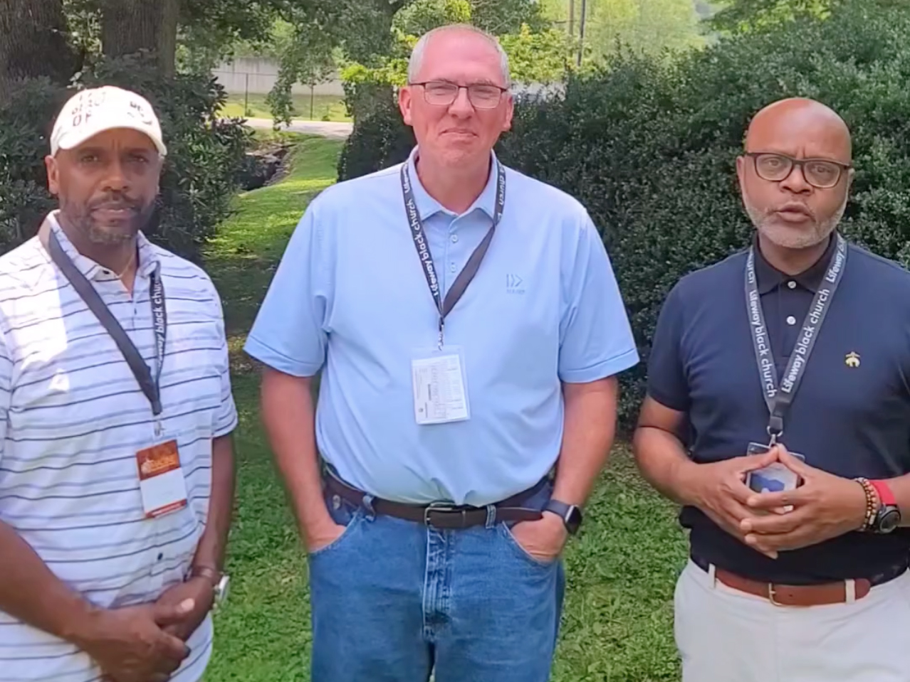 National African American Fellowship of the Southern Baptist Convention vice president Jerome Coleman, from left, SBC President Bart Barber and NAAF president Gregory Perkins together in a video. Video screen grab