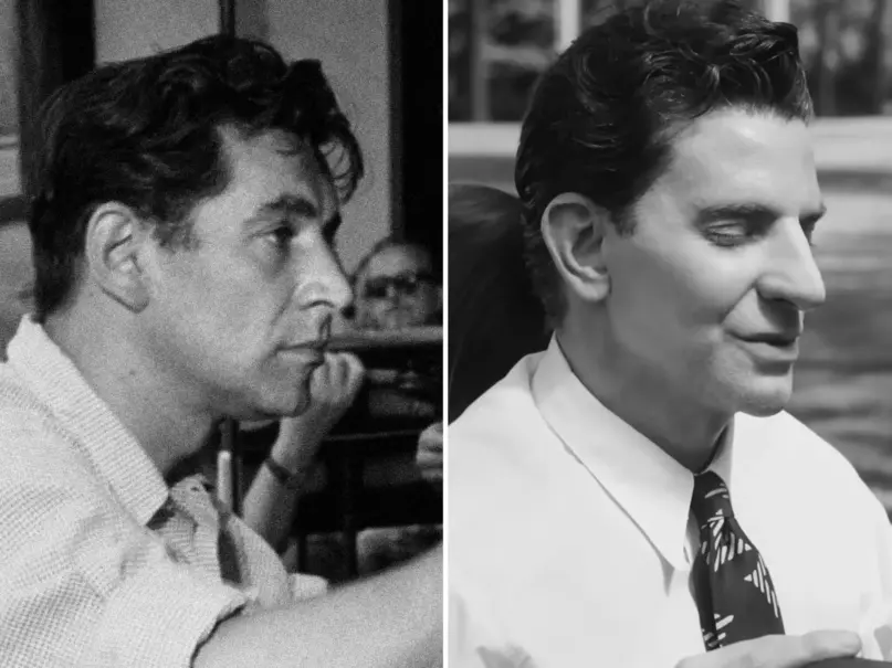 Leonard Bernstein, left, and Bradley Cooper, who plays him in a new biopic. Credit: Bettman/Getty Images, Netflix