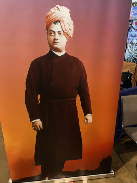 A poster of Swami Vivekananda during the Parliament of the World’s Religions in Chicago on Aug. 15, 2023. RNS photo by Bob Smietana