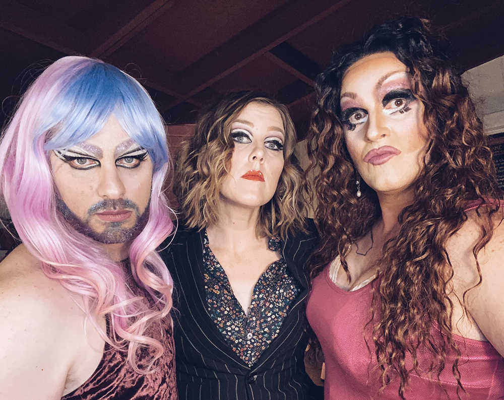 Heathen podcast co-hosts Ben Grace, from left, Karyn Thurston, and Flamy Grant at a Heathen Happy Hour Drag. Photo courtesy Thurston