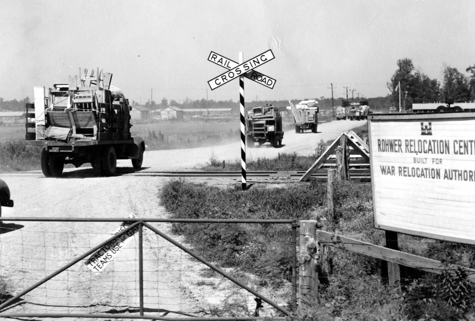 Vehicles enter the Rohwer War Relocation Center in southeast Arkansas during World War II. Photo via AState.edu