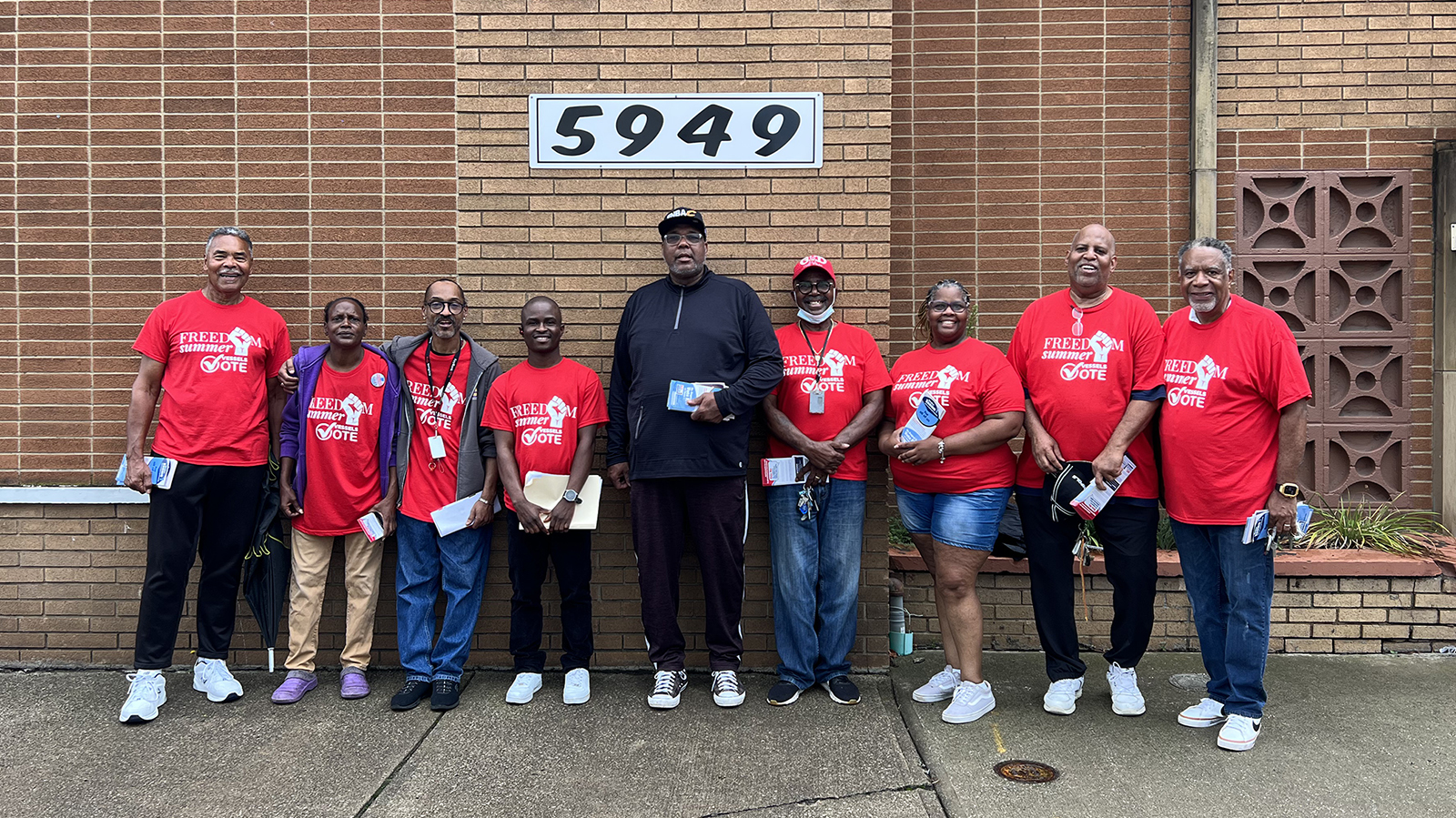 Members of Faith Community United pose together while canvassing in Cleveland, Ohio, Monday, Aug. 7, 2023. RNS photo by Kathryn Post