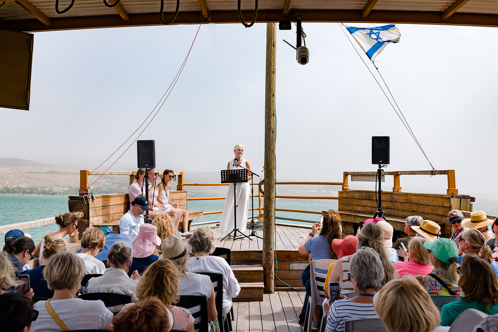 Anne Graham Lotz speaks aboard a boat on the Sea of Galilee during an AnGel Ministries tour of Israel. Photo by Beth Rubin