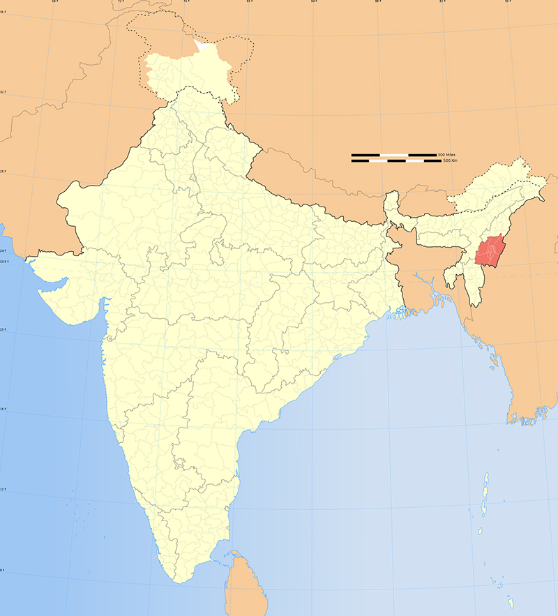 The state of Manipur, red, in northeastern India. Map courtesy Wikipedia/Creative Commons