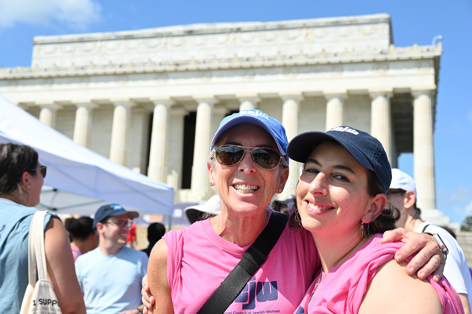 Jody Rabhan, left, and Rabbi Danya Ruttenberg, both with the National Council for Jewish Women, attend the 60th anniversary of the March on Washington at the Lincoln Memorial in Washington, D.C., on Aug. 26, 2023. RNS photo by Jack Jenkins.