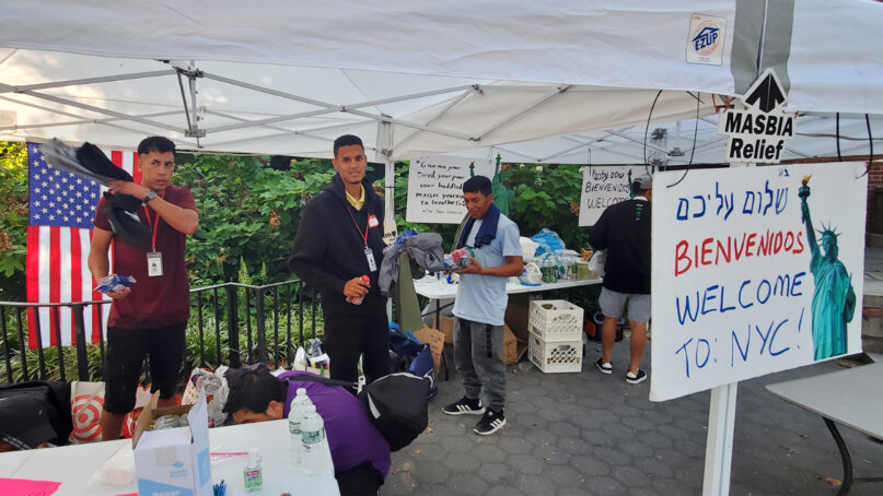 A pop-up welcome center and resource tent to support migrants set up by Masbia Relief Team in Sunset Park, Brooklyn, New York, on Aug. 6, 2023. Photo courtesy of Masbia