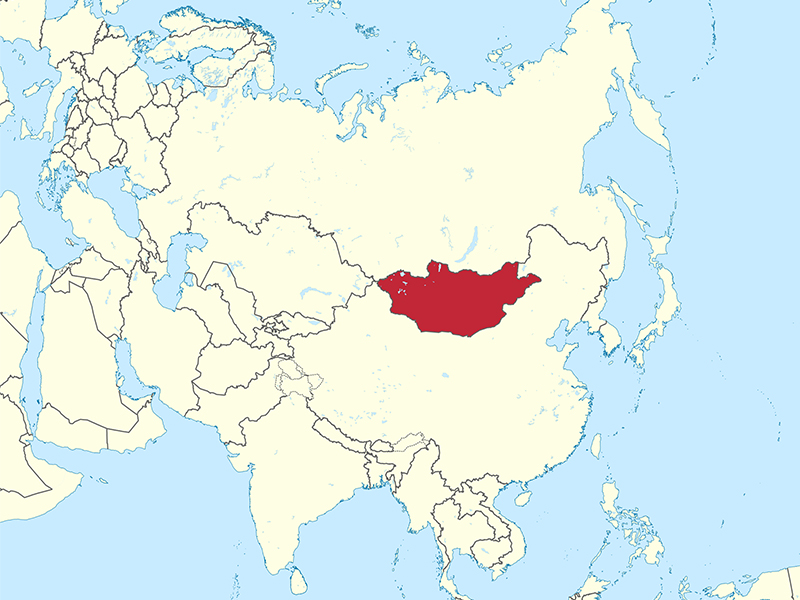 Mongolia, red, in Asia. Map courtesy Wikipedia/Creative Commons