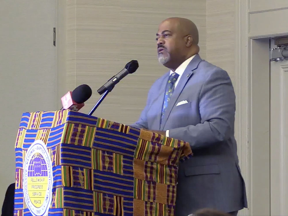 The Rev. David R. Peoples, president of the PNBC, speaks at the annual session of the Progressive National Baptist Convention in St. Louis, Missouri, on Aug. 9, 2023. Video screen grab