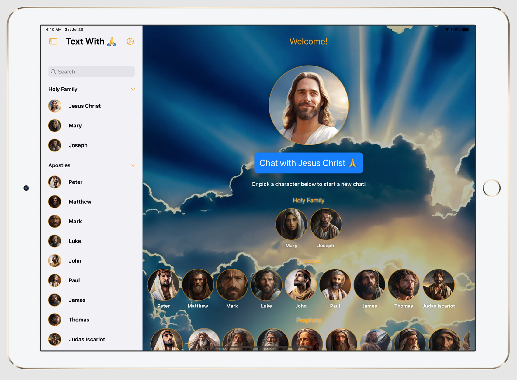 Screenshot of the "Text with Jesus" app on a tablet. Courtesy image