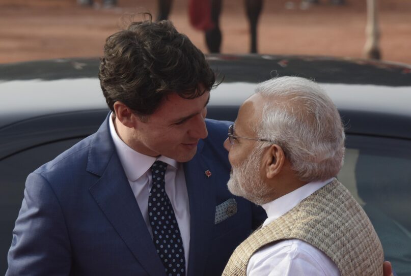Canadian Prime Minister Justin Trudeau with Indian Prime Minister Narendra Modi in happier times. (Vipin Kumar/Hindustan Times via Getty Images)