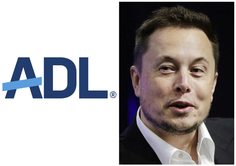 Anti-Defamation League logo, left, and Elon Musk. (AP Photo/Stephan Savoia)
