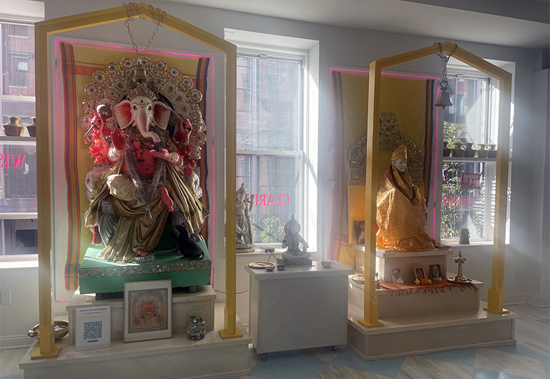 Statues of Lord Ganesha, left, and Shirdi Sai Baba, right, at Broome Street Ganesha Temple in Manhattan, Sept. 14, 2023. RNS photo by Richa Karmarkar