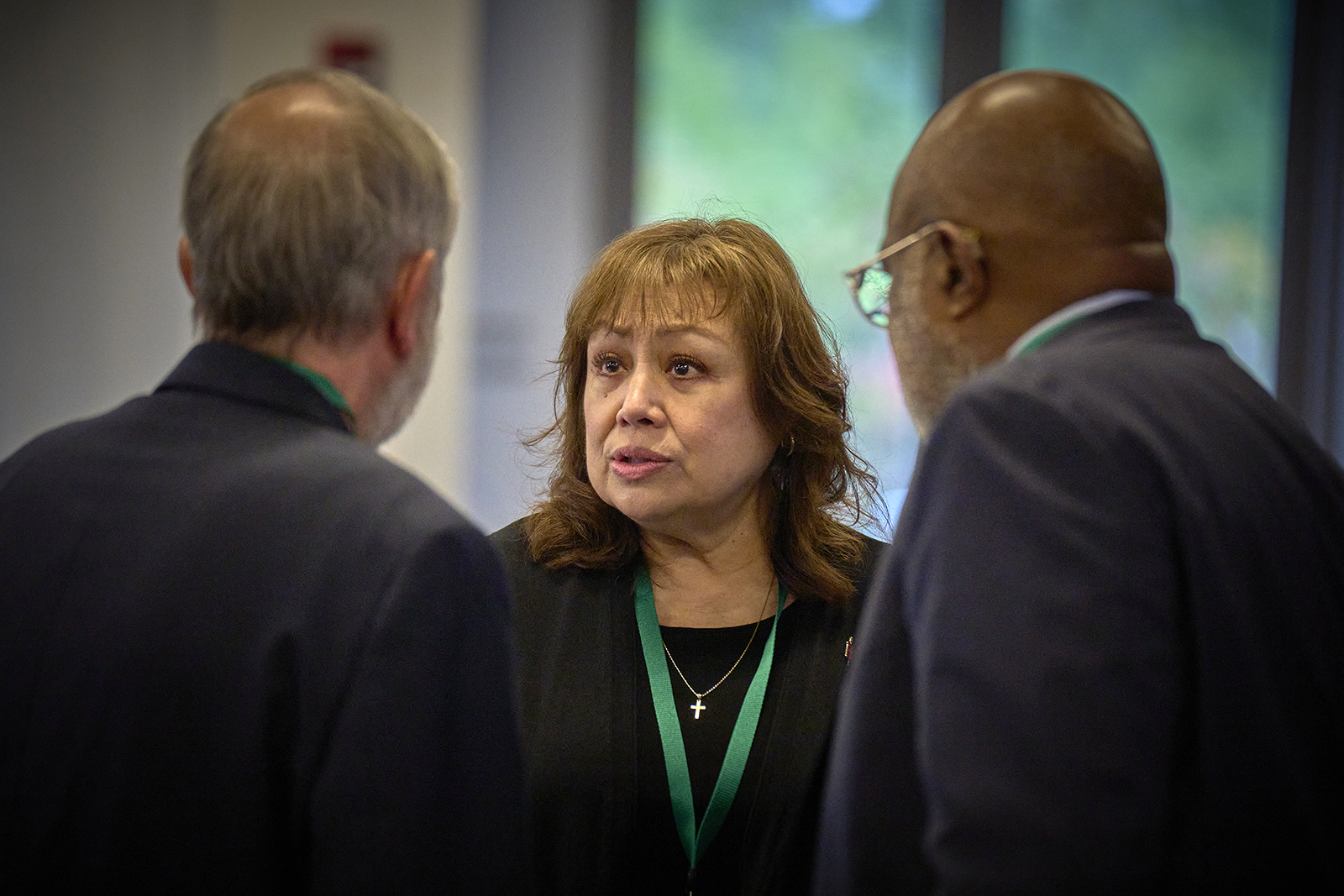 United Methodist Bishop Minerva G. Carcaño talks with counsel--the Rev. Scott Campbell, left, and Judge Jon Gray--during her church trial on Sept. 19, 2023, in Glenview, Illinois. Photo by Paul Jeffrey, UM News