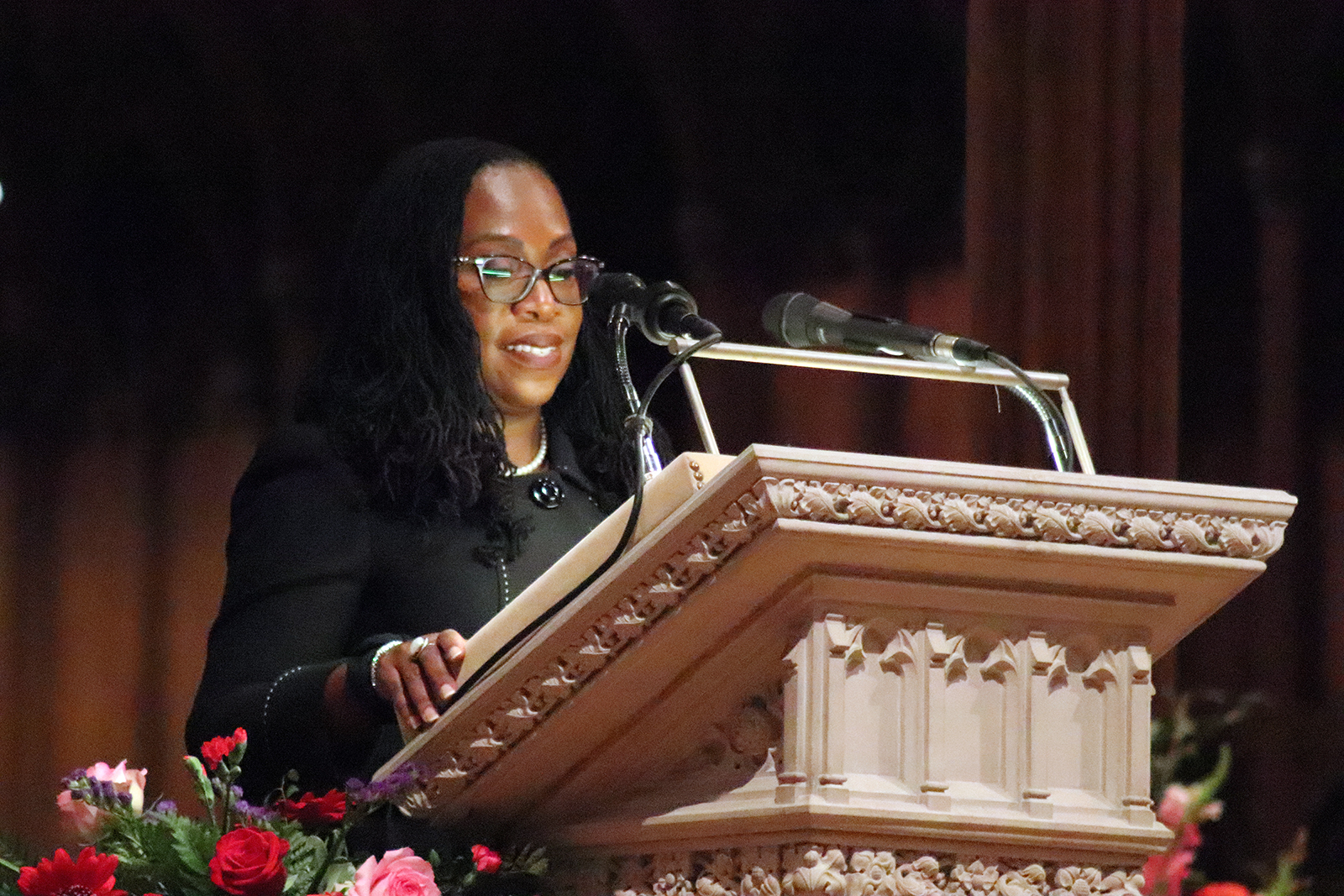 Supreme Court Associate Justice Ketanji Brown Jackson addresses an unveiling and dedication ceremony at the Washington National Cathedral for new stained-glass windows, Saturday, Sept. 23, 2023. RNS photo by Adelle M. Banks