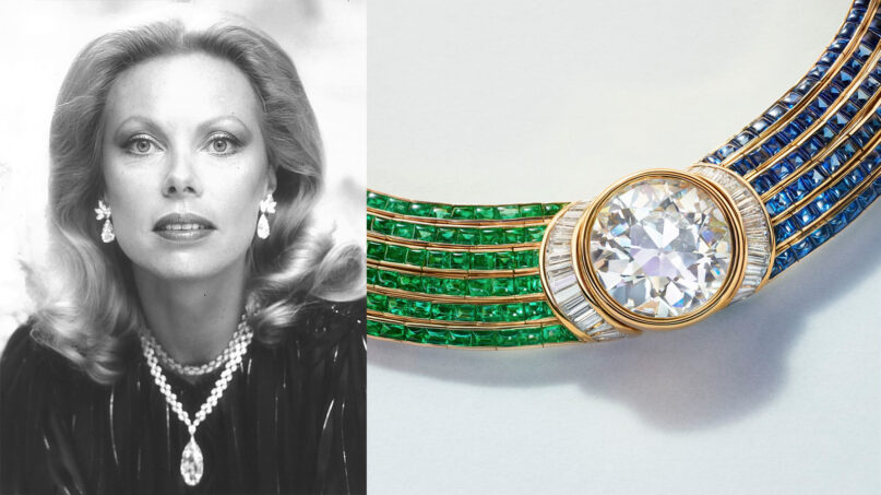Heidi Horten, left, wearing the Briolette of India diamond necklace. A Bulgari diamond, sapphire and emerald necklace, right, was one of the items to be auctioned by Christie’s. Photos © Heidi Horten Foundation, courtesy Christie's