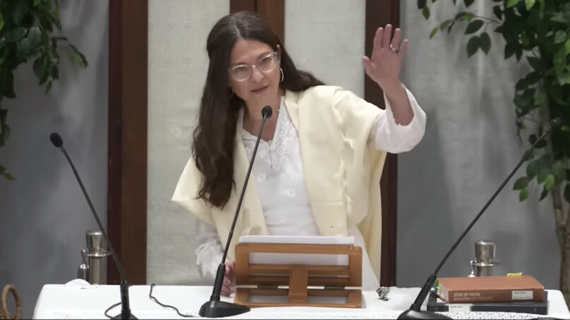 Rabbi Sharon Brous delivers a Yom Kippur sermon at IKAR, a nondenominational Jewish congregation in Los Angeles, Sept. 25, 2023. Video screen grab