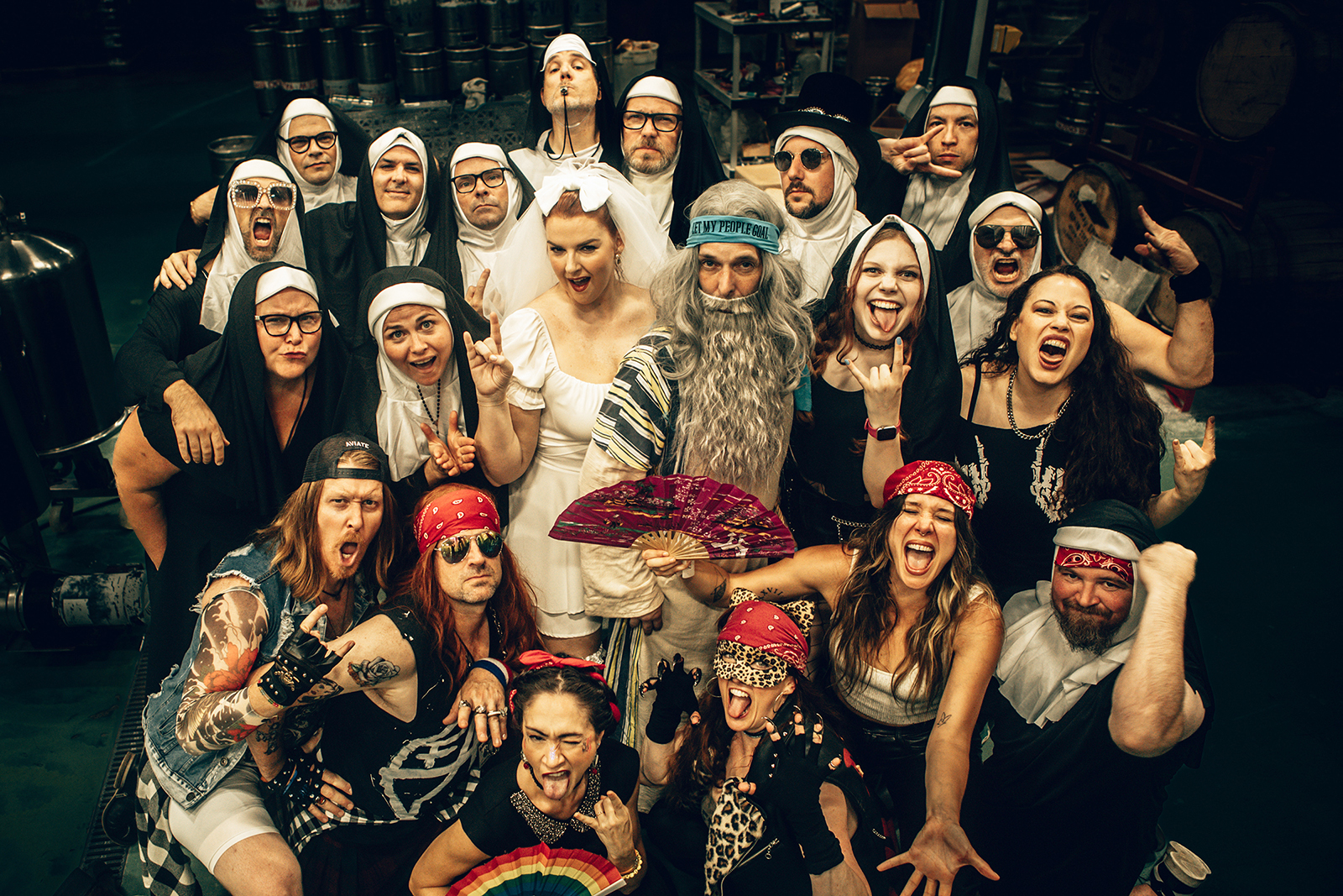 Stephen Mason, center, dressed Soccer Moses, poses with fellow performers from a “Nuns N' Moses” fundraiser, Aug. 25, 2023, at Yazoo Brewery in Nashville, Tenn. Photo by Anthony Matula