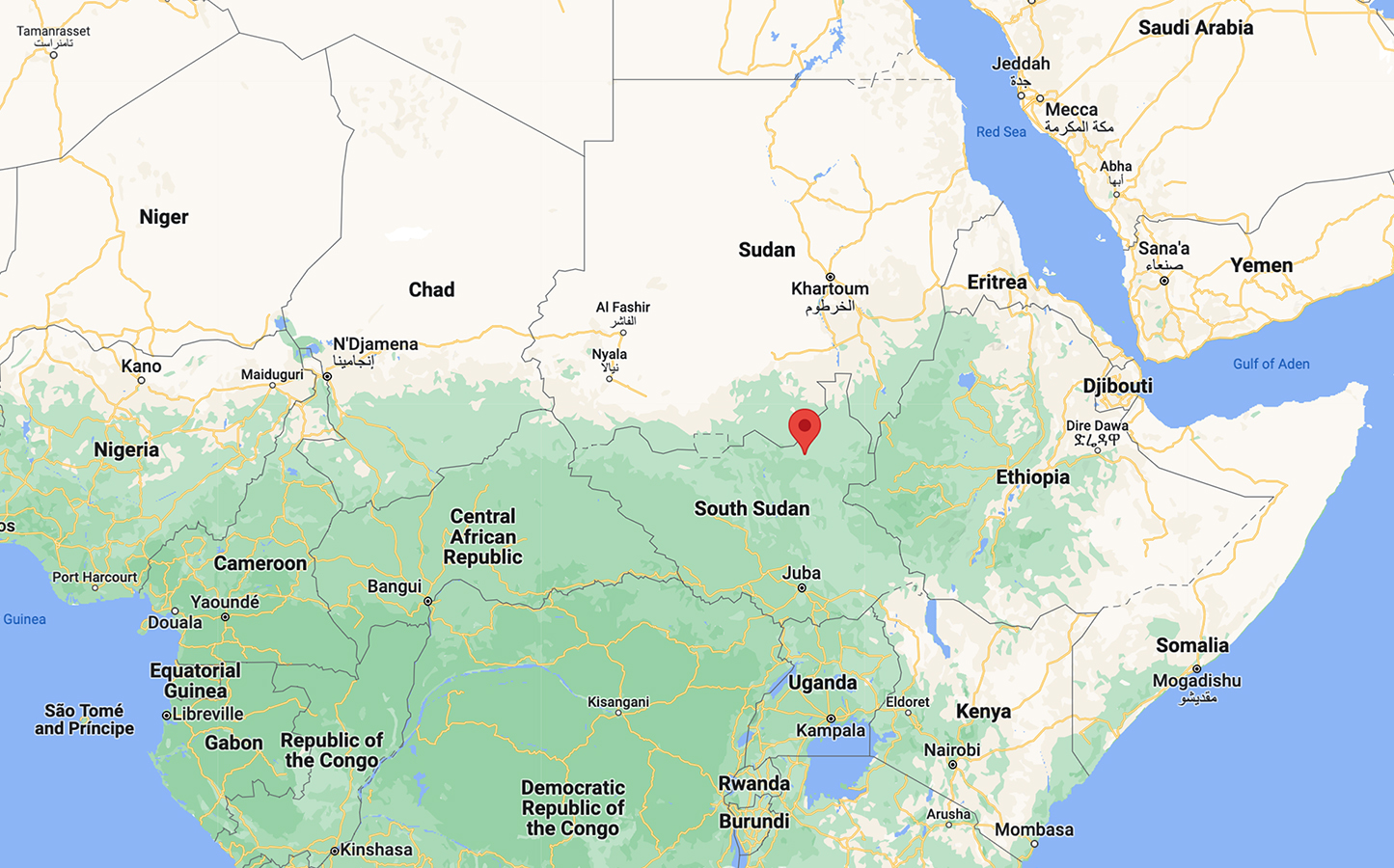 Malakal, red, in northern South Sudan. Image courtesy Google Maps