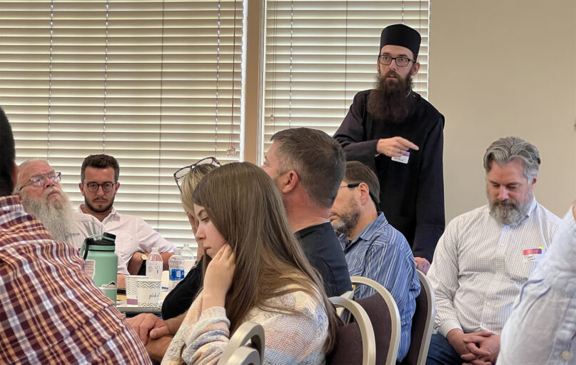 The Rev. Boniface Carroll asks a question during the Philip Ludwell III Orthodox Fellowship inaugural conference, Sept. 16, 2023, in Tobaccoville, N.C. Photo by Meagan Saliashvili