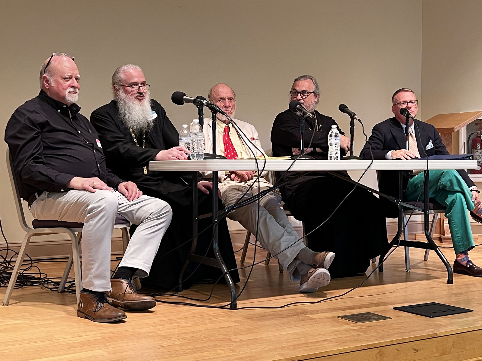 George Michalopulos, from left, the Rev. John Whiteford, Don Livingston, the Rev. Mark Mancuso and Clark Carlton were all presenters during the Philip Ludwell III Orthodox Fellowship inaugural conference in Tobaccoville, North Carolina. Photo by Meagan Saliashvili