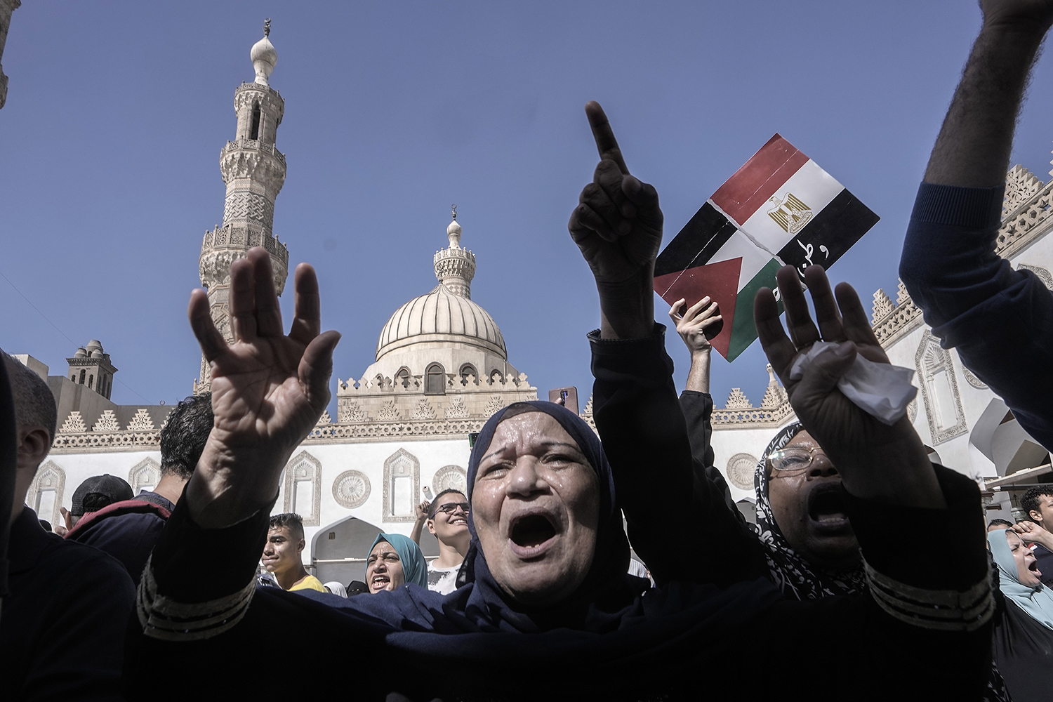 Protesters shout anti-Israel slogans during a rally to show solidarity with the people of Gaza after Friday prayers at Azhar mosque, the Sunni Muslim world's premier Islamic institution, in Cairo, Egypt, Friday, Oct. 20, 2023. (AP Photo/Amr Nabil)