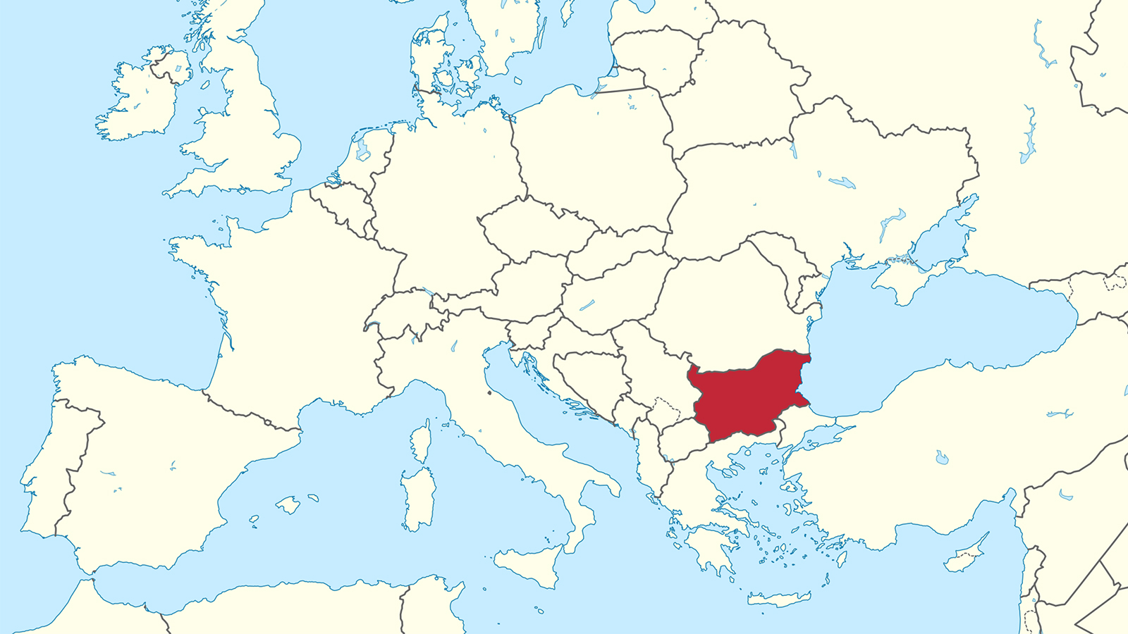 Bulgaria, red, in eastern Europe. Image courtesy Wikimedia/Creative Commons