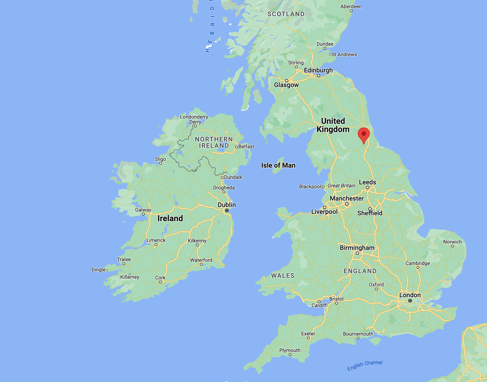 Bishop Auckland, red, in northern England. Image courtesy Google Maps