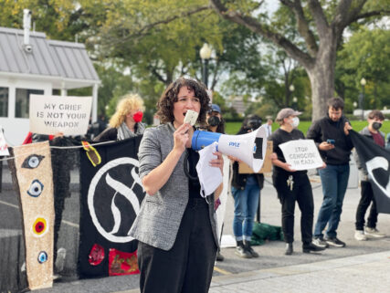 Rabbi Miriam Grossman speaks with protestors gathered Monday afternoon, Oct. 16, 2023 in front of the White House. Rabbi Grossman ________. RNS photo by Jack Jenkins