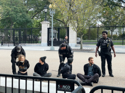 Roughly 50 protestors were arrested(TK word) during the gathering Monday, Oct. 16, 2023, by members of the Secret Service after the protestors jumped over “Do Not Cross” barriers. RNS Photo by Jack Jenkins