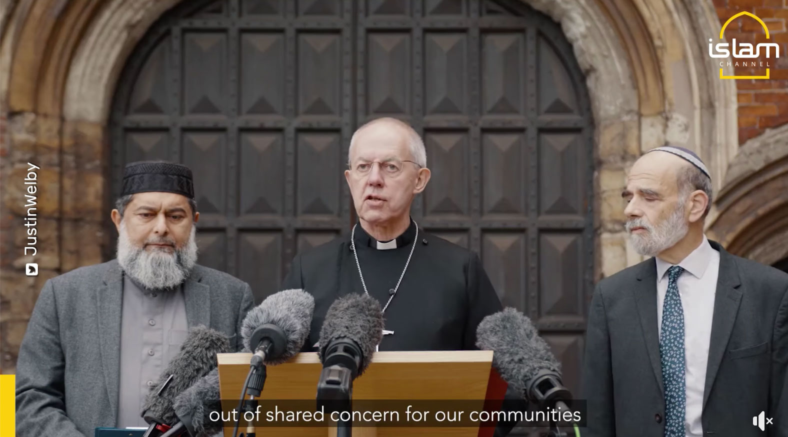 Archbishop Justin Welby, Sheikh Ibrahim Mogra and Rabbi Jonathan Wittenberg stood together outside Lambeth Palace in a plea for unity and peace amid the war between Israel and Hamas on Tuesday, Oct. 19. Video screengrab