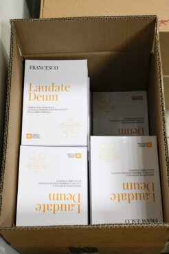 Copies of Pope Francis' latest letter on environment "Laudate Deum" are seen in a bookshop in Rome, Wednesday, Oct. 4, 2023. (AP Photo/Andrew Medichini)