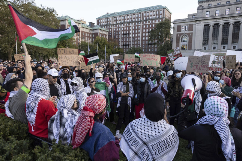 Pro-Palestinian demonstrators gather for a protest at Columbia University, Oct. 12, 2023, in New York. (AP Photo/Yuki Iwamura)