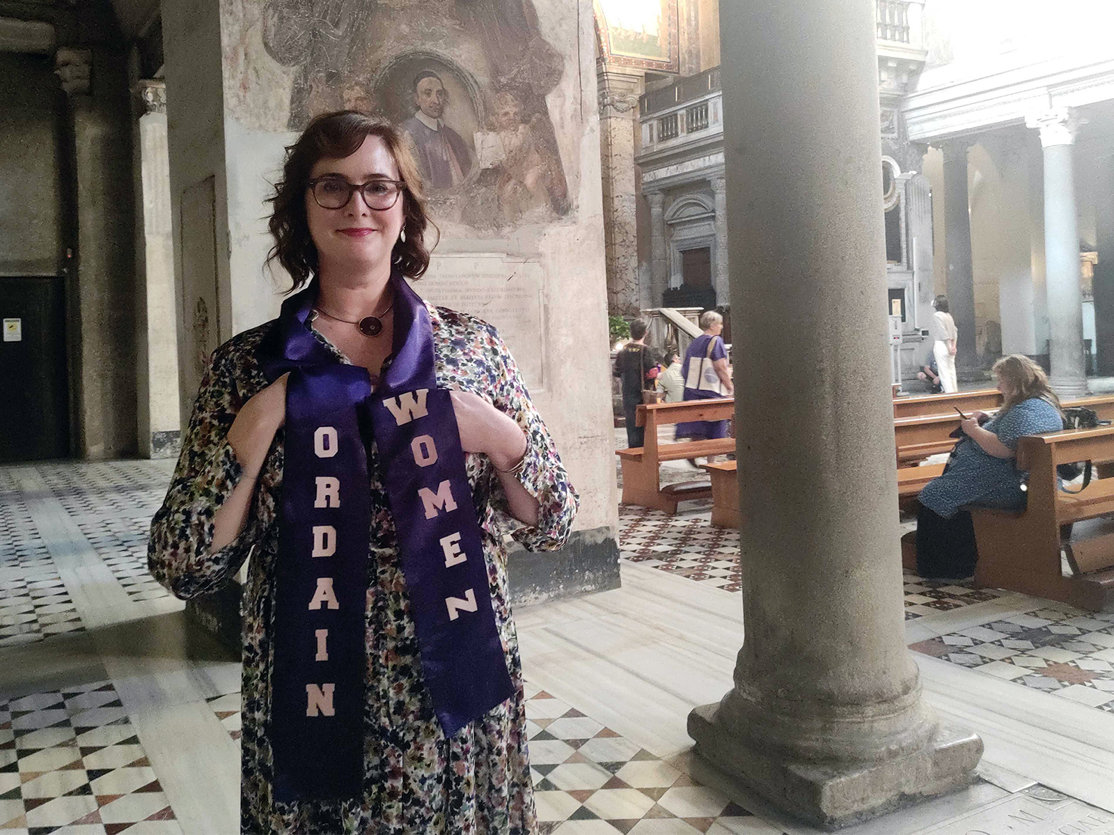 Miriam Duignan at the "Let Her Voice Carry" vigil in the Basilica of Saint Praxedis in Rome, Tuesday, Oct. 3, 2023. RNS photo by Claire Giangravé