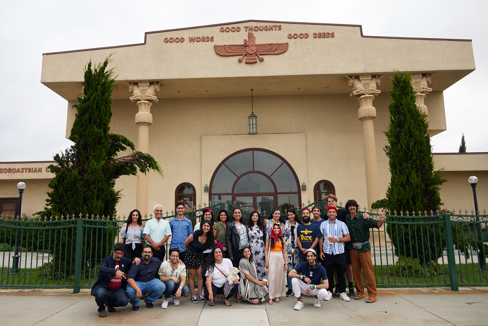 A group touring California dar-e-mehrs poses together at the California Zoroastrian Center in Orange County, California, on Sept. 1, 2023. Photo courtesy of ZYNA