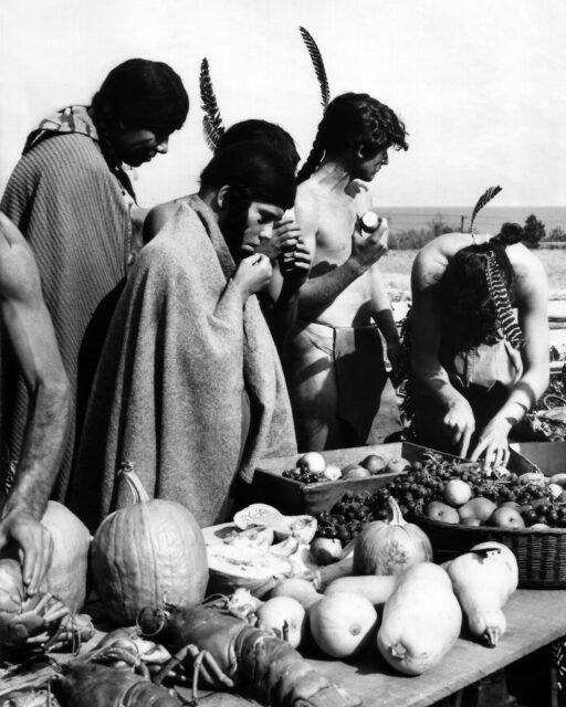 Native Americans depicted at the first Thanksgiving feast, in a 1960 film about the Pilgrims’ first year in America. (AP Photo)