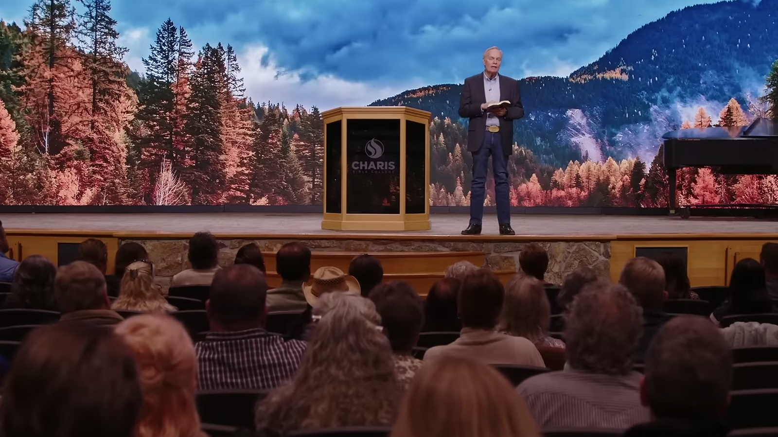 Andrew Wommack speaks at Charis Bible College in Woodland Park, Colorado, in Sept. 2023. (Video screen grab)